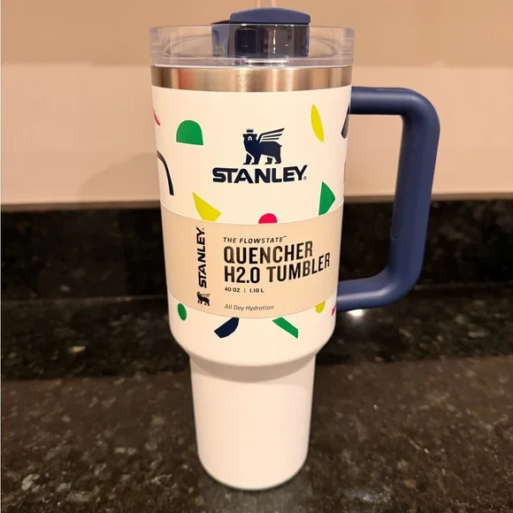Stanley Quencher H2.0 Tumbler - White with Confetti Design And Blue Handle - Picture 5 of 6